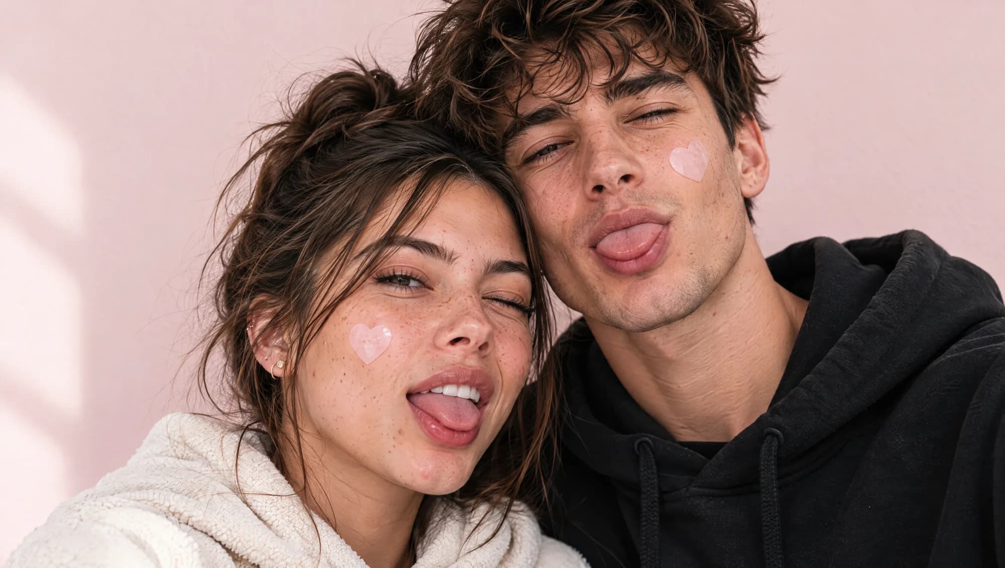 Two friends making faces at the camera while wearing heart patches