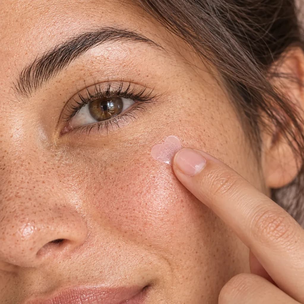 A fingertip gently pressing a small pink heart patch onto a cheek