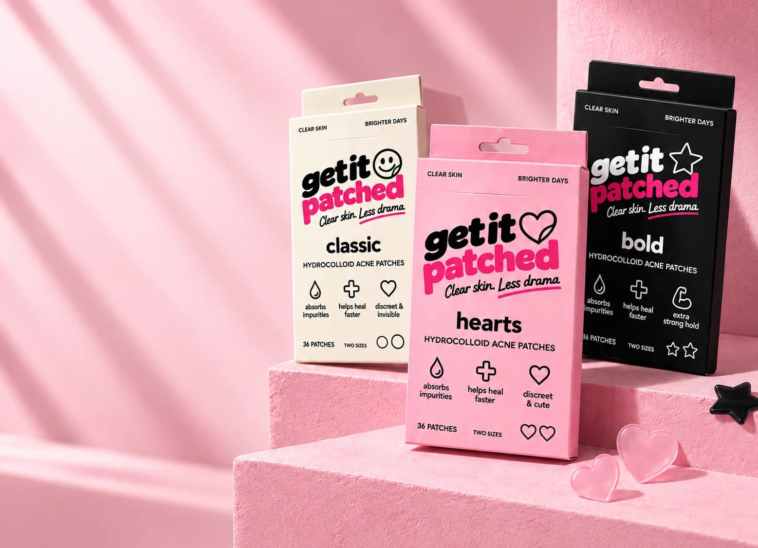 Hearts, Classic and Bold Get It Patched cartons on pink steps
