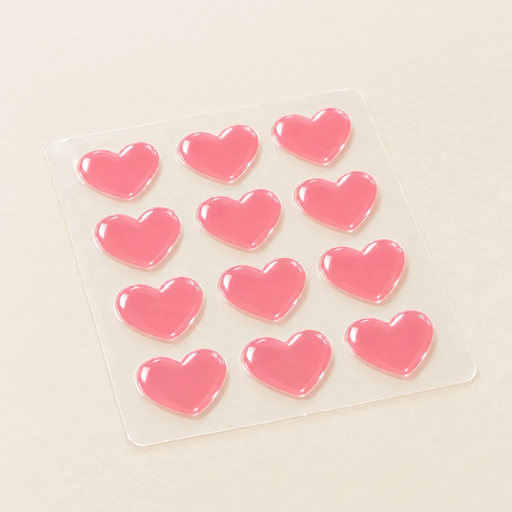 Glossy pink heart-shaped patches on their clear backing sheet